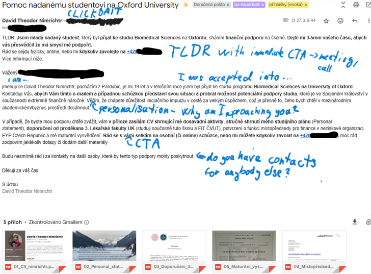 One of my own fundraising cold emails in Czech